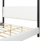 Lit à baldaquin Queen/King Size, Lit plateforme rembourré avec tête de lit capitonnée douce et cadre en métal noir robuste, Blanc - ModernLuxe