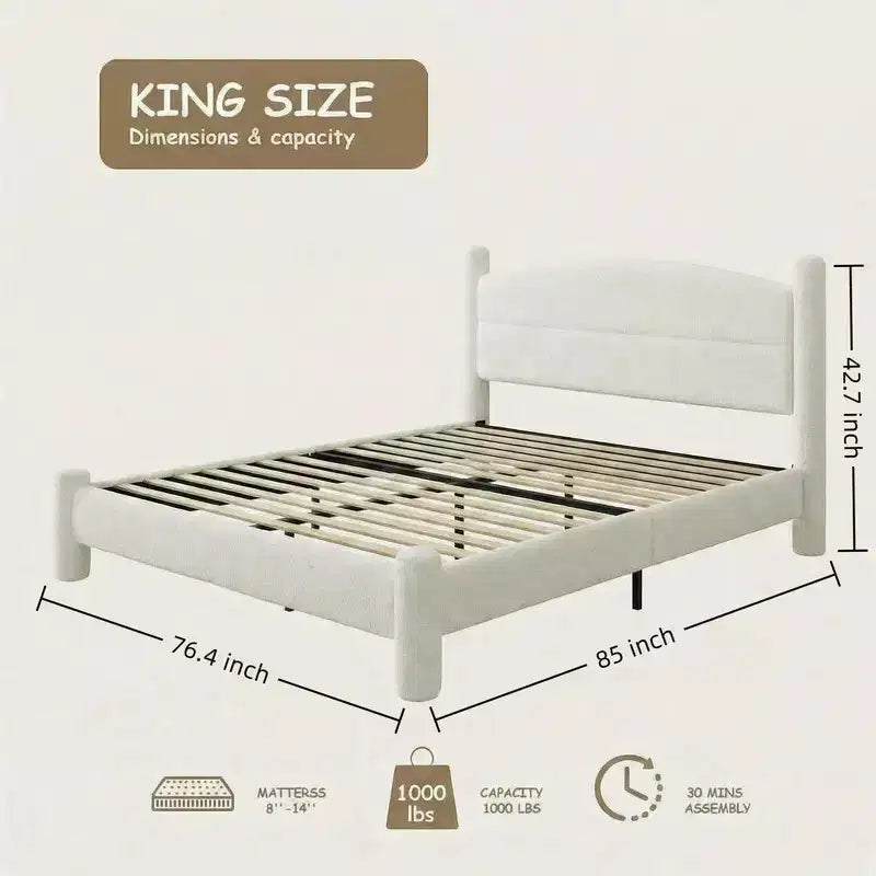Cadre de lit plateforme Coolmee King Size en tissu bouclé avec tête de lit ronde douce, pieds cylindriques, conception robuste et silencieuse
