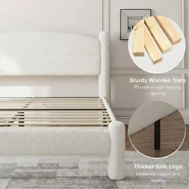 Cadre de lit plateforme Coolmee King Size en tissu bouclé avec tête de lit ronde douce, pieds cylindriques, conception robuste et silencieuse