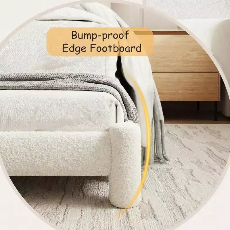 Cadre de lit plateforme Coolmee King Size en tissu bouclé avec tête de lit ronde douce, pieds cylindriques, conception robuste et silencieuse