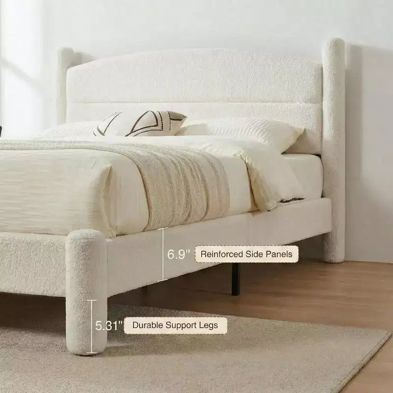 Cadre de lit plateforme Coolmee King Size en tissu bouclé avec tête de lit ronde douce, pieds cylindriques, conception robuste et silencieuse