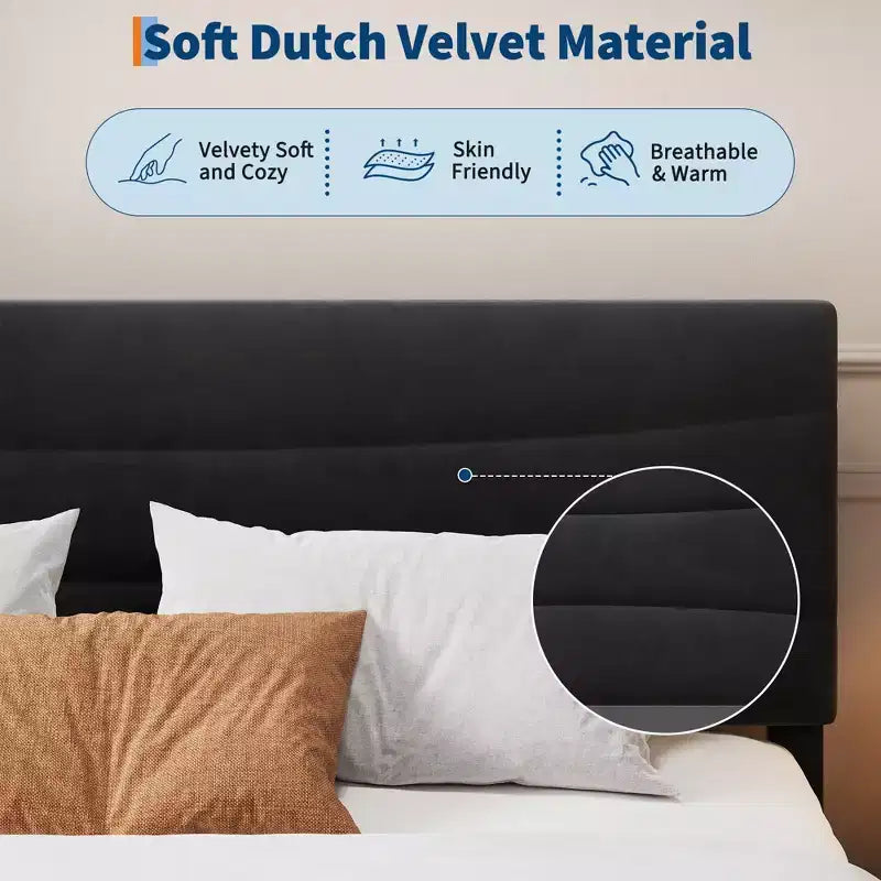 COZONY Cadre de Lit Plateforme Rembourré en Velours avec Tête de Lit, Aucun Sommier Tapissier Requis, Support à Lattes en Bois, Rangement Sous le Lit, Silencieux, Facile à Assembler