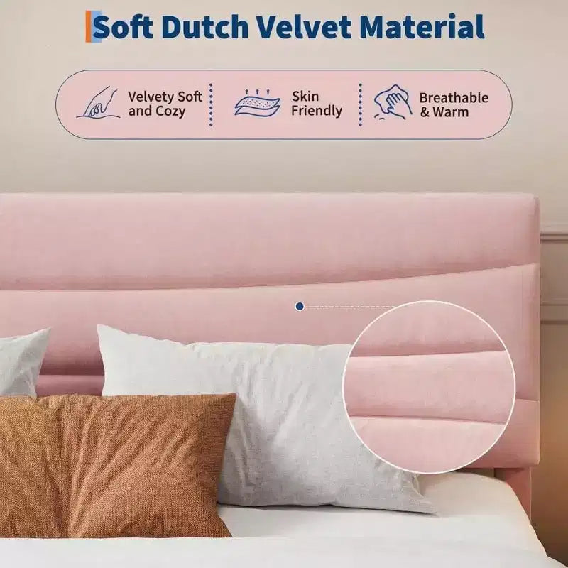 COZONY Cadre de Lit Plateforme Rembourré en Velours avec Tête de Lit, Aucun Sommier Tapissier Requis, Support à Lattes en Bois, Rangement Sous le Lit, Silencieux, Facile à Assembler
