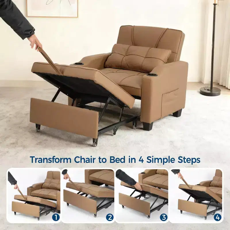 Fauteuil-lit convertible 3-en-1 moderne avec dossier réglable, port de charge USB, porte-gobelets et poches latérales pour chambre ou salon