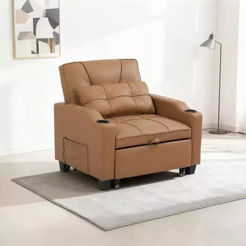 Fauteuil-lit convertible 3-en-1 moderne avec dossier réglable, port de charge USB, porte-gobelets et poches latérales pour chambre ou salon