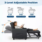 Fauteuil-lit convertible 3-en-1 moderne avec dossier réglable, port de charge USB, porte-gobelets et poches latérales pour chambre ou salon