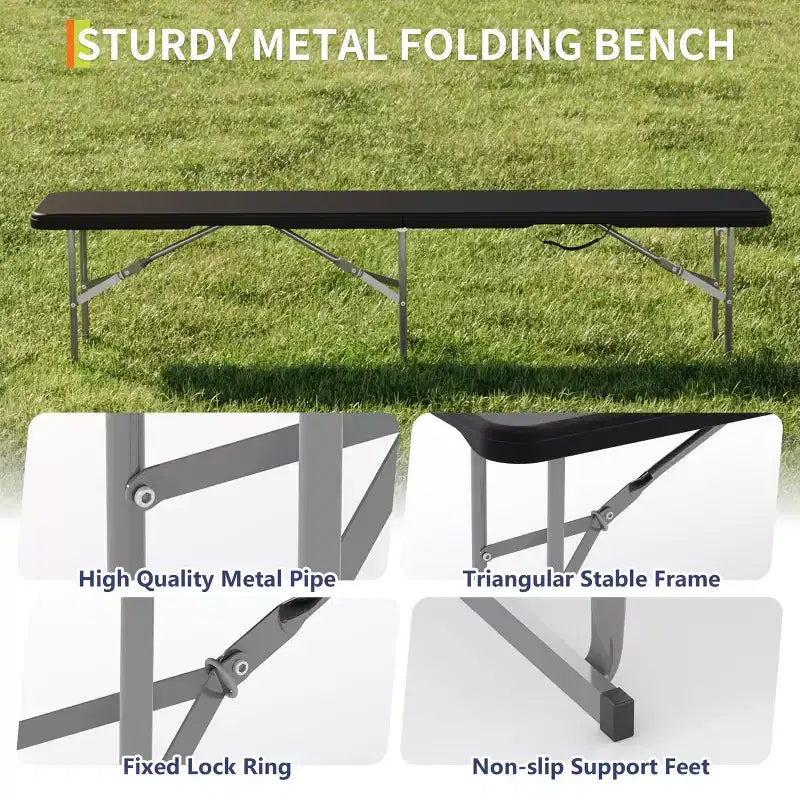 Banc pliant de 183 cm, banc pliant portable en plastique, siège pliable en PEHD avec poignée de transport, pour pique-nique, camping, jardin