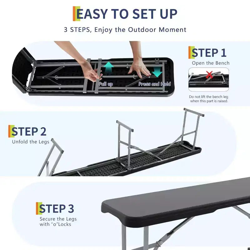 Banc pliant de 183 cm, banc pliant portable en plastique, siège pliable en PEHD avec poignée de transport, pour pique-nique, camping, jardin