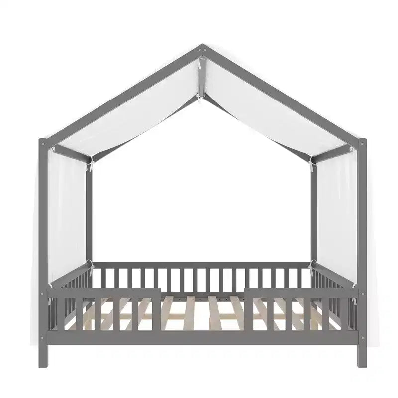 Luxystar Cadre de lit Montessori complet en forme de maison basse avec rideaux