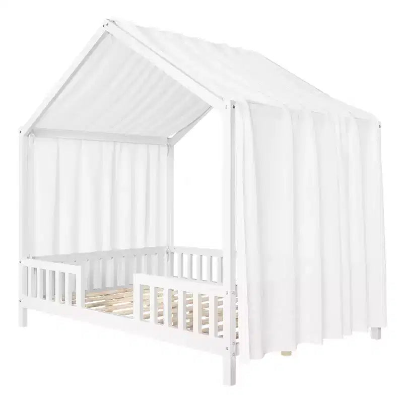 Luxystar Cadre de lit Montessori complet en forme de maison basse avec rideaux