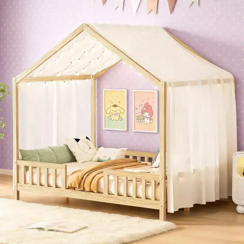 Luxystar Cadre de lit Montessori complet en forme de maison basse avec rideaux