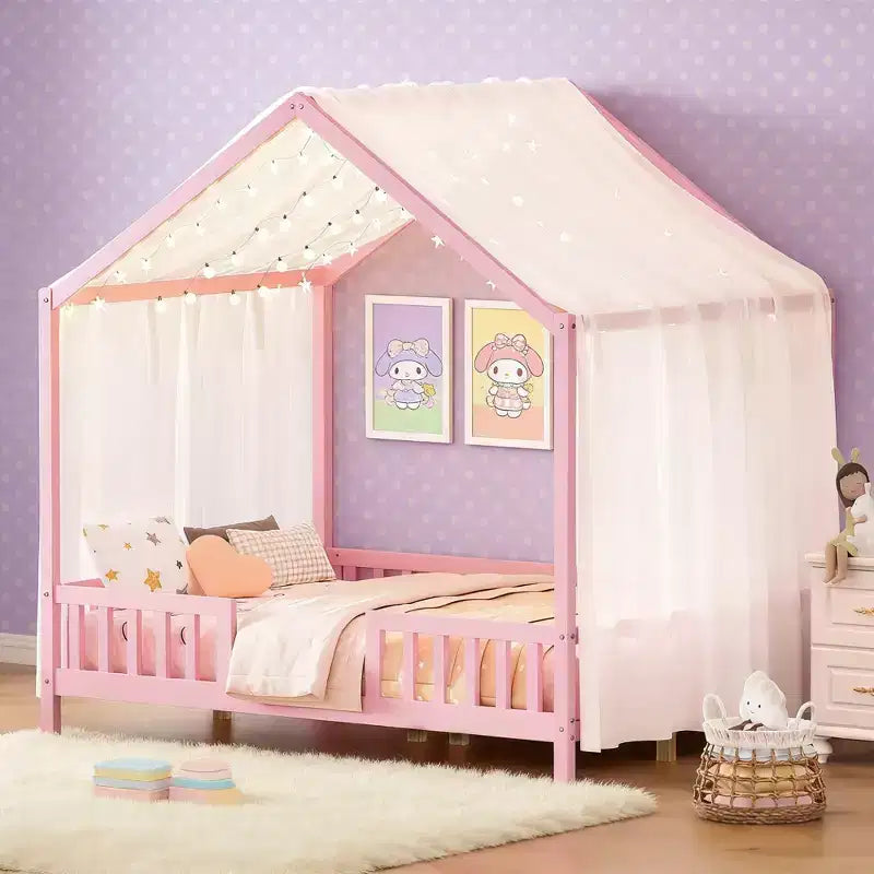 Luxystar Cadre de lit Montessori complet en forme de maison basse avec rideaux