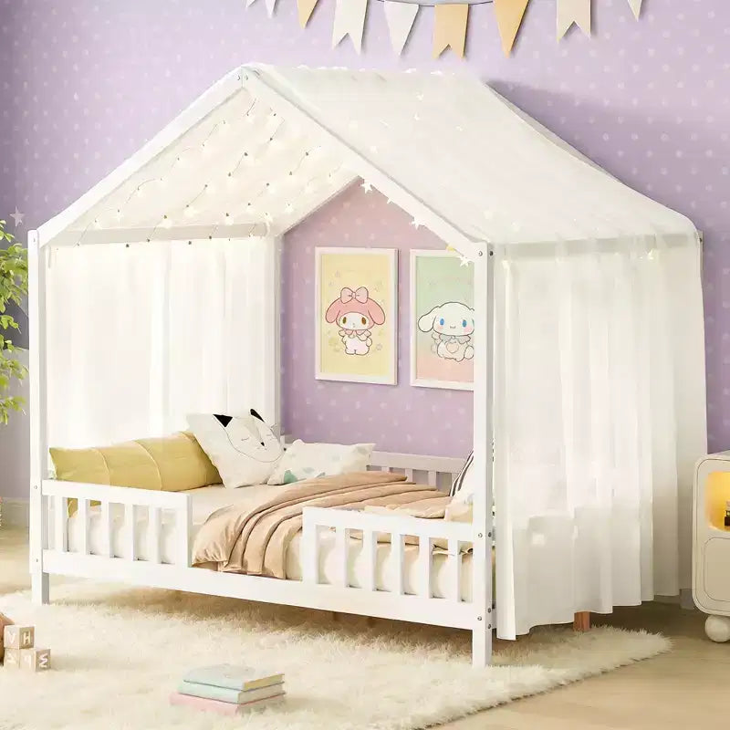Luxystar Cadre de lit Montessori complet en forme de maison basse avec rideaux