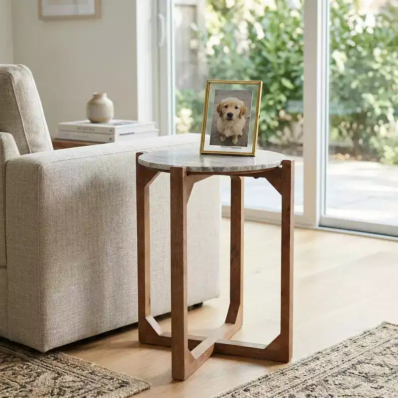Table basse et d'appoint classique ronde pour petits espaces - Plateau en marbre et base en métal pour le salon, la chambre et la décoration intérieure - 22, Ivoire et Gris