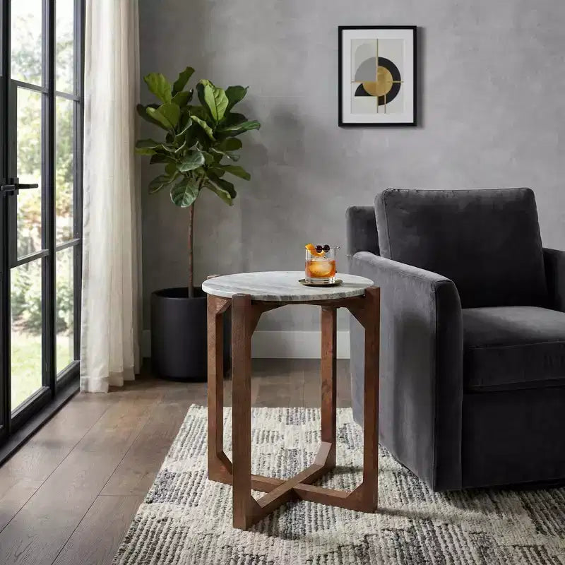 Table basse et d'appoint classique ronde pour petits espaces - Plateau en marbre et base en métal pour le salon, la chambre et la décoration intérieure - 22, Ivoire et Gris
