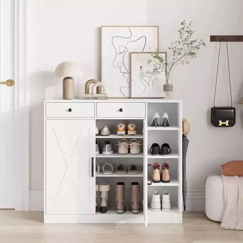 Shoe Storage Cabinet, 5-Tier Farmhouse Shoe Cabinet with 2 Barn Doors & 4 Cubbies, Entryway Organizer for Hallway, Foyer, Rustic