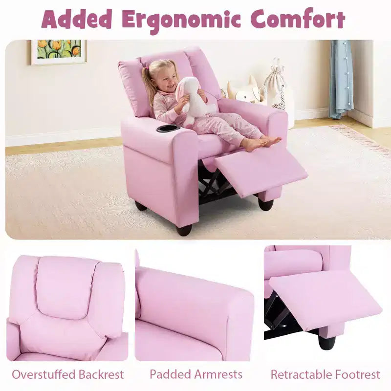 Fauteuil inclinable pour enfants Costway avec porte-gobelet, dossier et repose-pieds réglables pour garçons et filles Rose+Blanc/Multicolore/Zèbre/Camouflage/Marron/Gris/Rose
