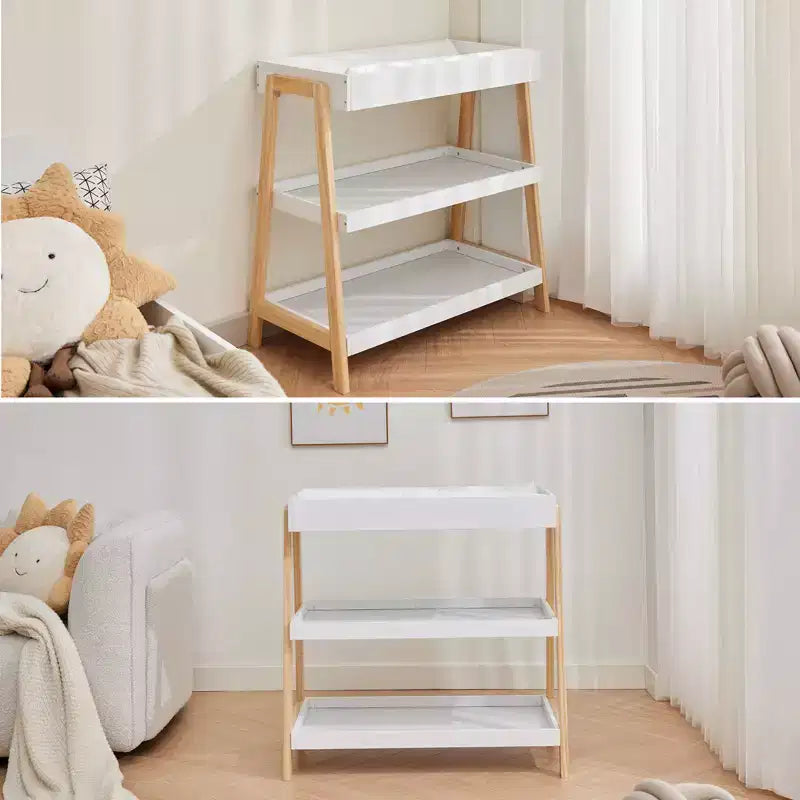 Table à langer moderne avec matelas imperméable et 2 étagères de rangement, Meuble de puériculture portable en bois pour nouveau-nés/bébés, Bois+Blanc