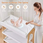 Table à langer moderne avec matelas imperméable et 2 étagères de rangement, Meuble de puériculture portable en bois pour nouveau-nés/bébés, Bois+Blanc