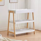 Table à langer moderne avec matelas imperméable et 2 étagères de rangement, Meuble de puériculture portable en bois pour nouveau-nés/bébés, Bois+Blanc