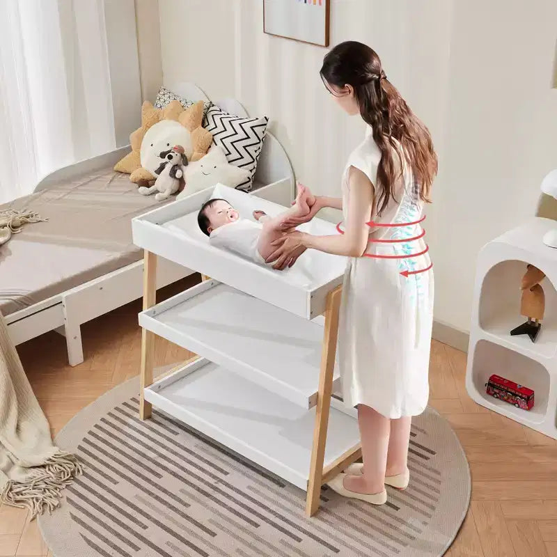 Table à langer moderne avec matelas imperméable et 2 étagères de rangement, Meuble de puériculture portable en bois pour nouveau-nés/bébés, Bois+Blanc