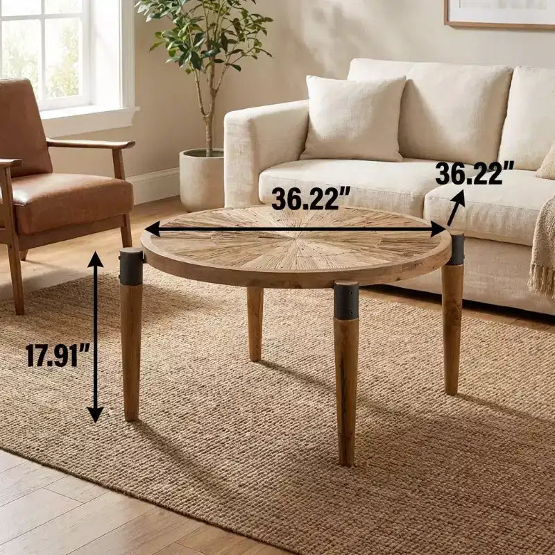 Table basse ronde radiale JVNOXK36.22 - Table basse rustique en bois massif et MDF avec pieds accentués noirs, finition bois naturel pour salon