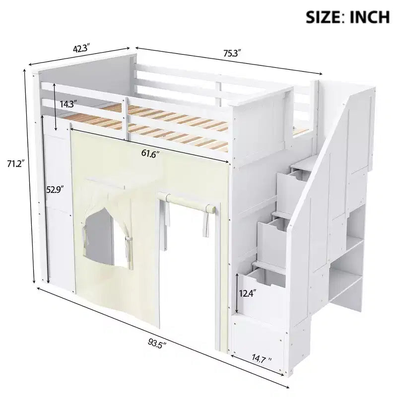 Lit mezzanine Whisen avec bureau, rangement, escalier, tiroirs et rideaux, en pin massif, blanc