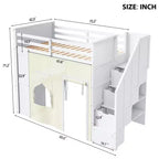Lit mezzanine Whisen avec bureau, rangement, escalier, tiroirs et rideaux, en pin massif, blanc