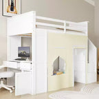 Lit mezzanine Whisen avec bureau, rangement, escalier, tiroirs et rideaux, en pin massif, blanc