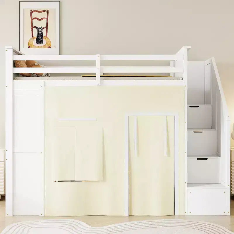 Lit mezzanine Whisen avec bureau, rangement, escalier, tiroirs et rideaux, en pin massif, blanc