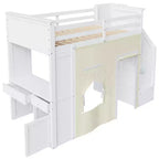 Lit mezzanine Whisen avec bureau, rangement, escalier, tiroirs et rideaux, en pin massif, blanc