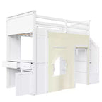 Lit mezzanine Whisen avec bureau, rangement, escalier, tiroirs et rideaux, en pin massif, blanc