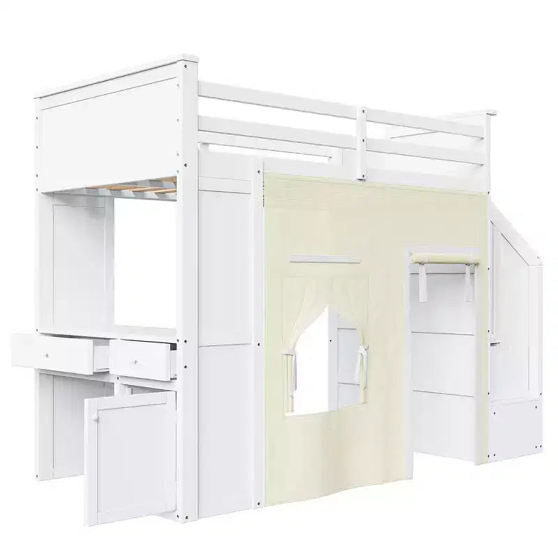 Lit mezzanine Whisen avec bureau, rangement, escalier, tiroirs et rideaux, en pin massif, blanc