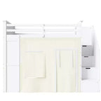 Lit mezzanine Whisen avec bureau, rangement, escalier, tiroirs et rideaux, en pin massif, blanc