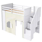 Lit mezzanine Whisen avec bureau, rangement, escalier, tiroirs et rideaux, en pin massif, blanc