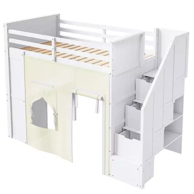 Lit mezzanine Whisen avec bureau, rangement, escalier, tiroirs et rideaux, en pin massif, blanc