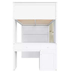 Lit mezzanine Whisen avec bureau, rangement, escalier, tiroirs et rideaux, en pin massif, blanc