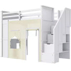 Lit mezzanine Whisen avec bureau, rangement, escalier, tiroirs et rideaux, en pin massif, blanc