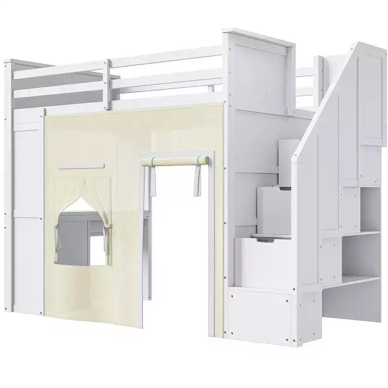 Lit mezzanine Whisen avec bureau, rangement, escalier, tiroirs et rideaux, en pin massif, blanc
