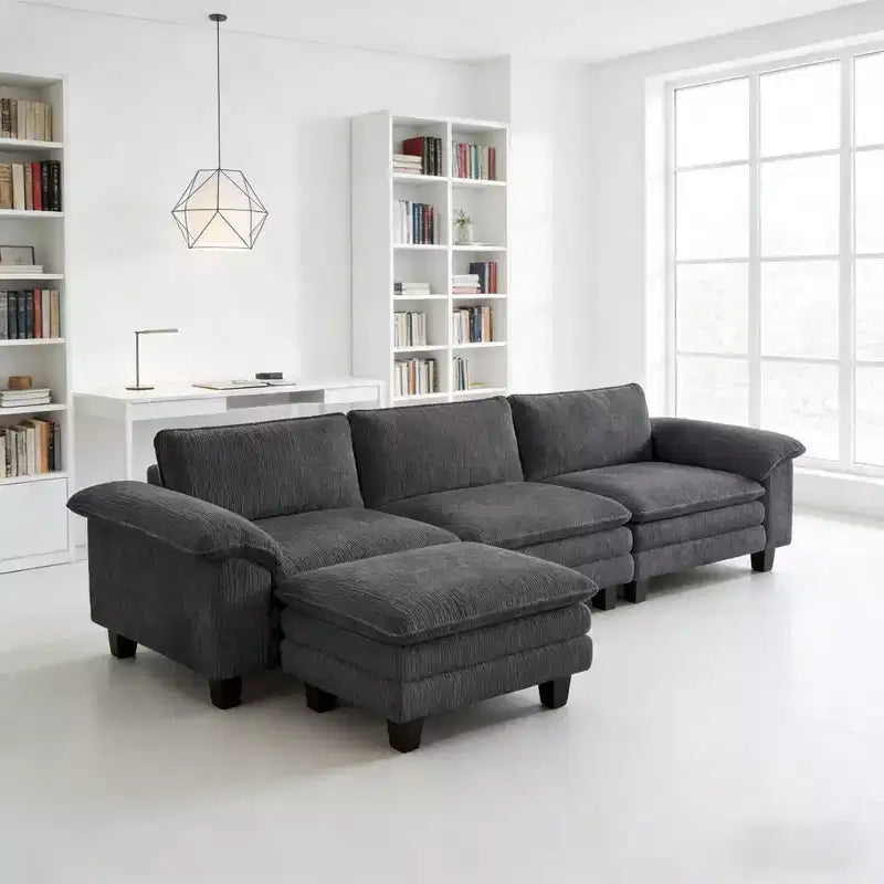 GDFStudio Huehi Canapé d'angle moderne en velours côtelé de 124 po avec pouf mobile