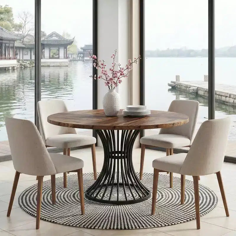 Table de salle à manger de ferme MAYEERTY 47 ronde avec sablier, plateau en MDF et base en métal, table polyvalente 6 personnes pour la maison et le café