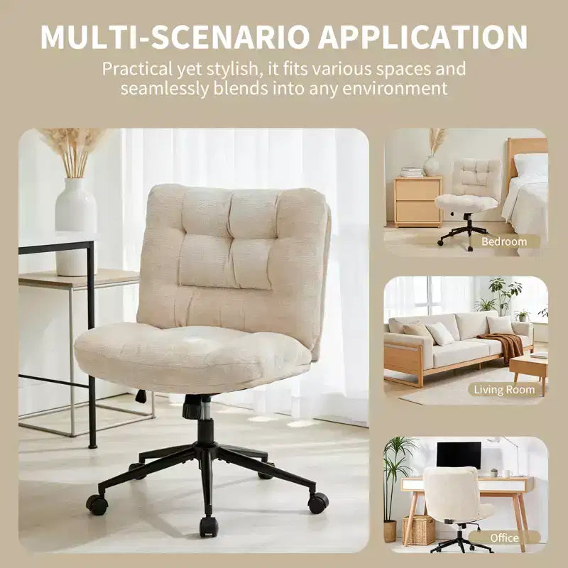 Chaise Criss Cross à Roulettes, Coussin Épaissi Double Couche, Tissu Premium Chaise de Coiffeuse Moderne à Siège Large, Beige Ivoire