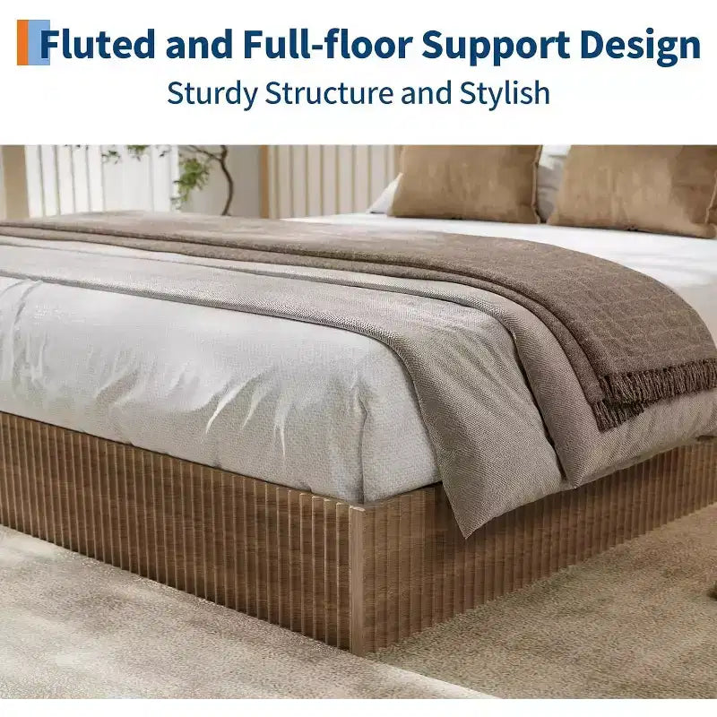 Cadre de lit plateforme en bois avec design cannelé, coffre de rangement intégré, sans sommier tapissier, sans bruit