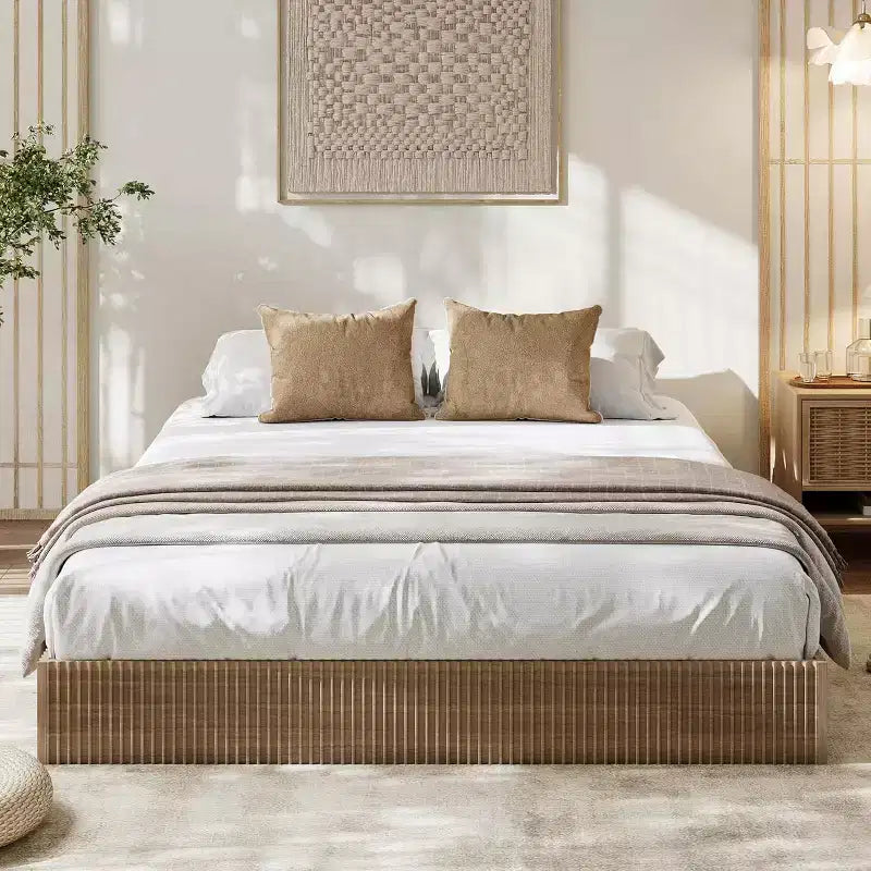 Cadre de lit plateforme en bois avec design cannelé, coffre de rangement intégré, sans sommier tapissier, sans bruit