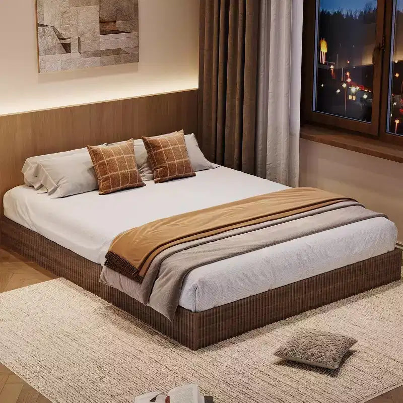 Cadre de lit plateforme en bois avec design cannelé, coffre de rangement intégré, sans sommier tapissier, sans bruit