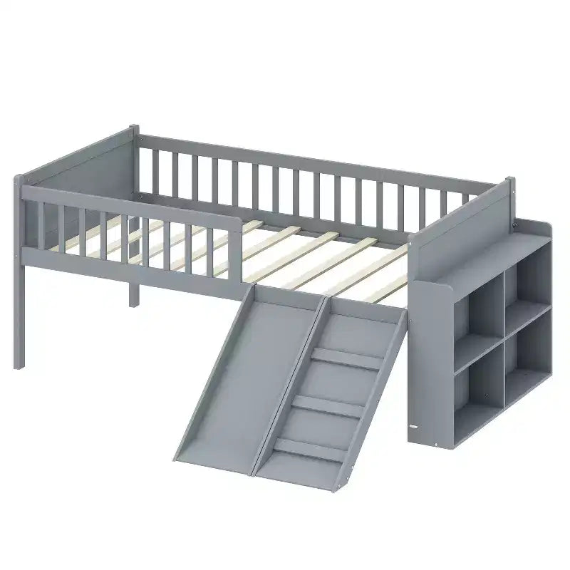 Lit jumeau Bellemave avec étagère de rangement, lit plateforme en bois avec toboggan et échelle, garde-corps, sans sommier tapissier nécessaire, montage facile, plusieurs coloris