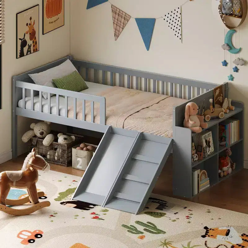 Bellemave Twin Bed Frame with Storage Shelf, Wooden Platform Bed with Slide & Ladder, Guardrail, No Box Spring Needed, Easy Assembly, Multiple Colors