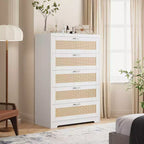Modern Rattan Dresser with Natural Wood & Rattan Panels, Storage Chest for Bedroom, Closet and Entryway