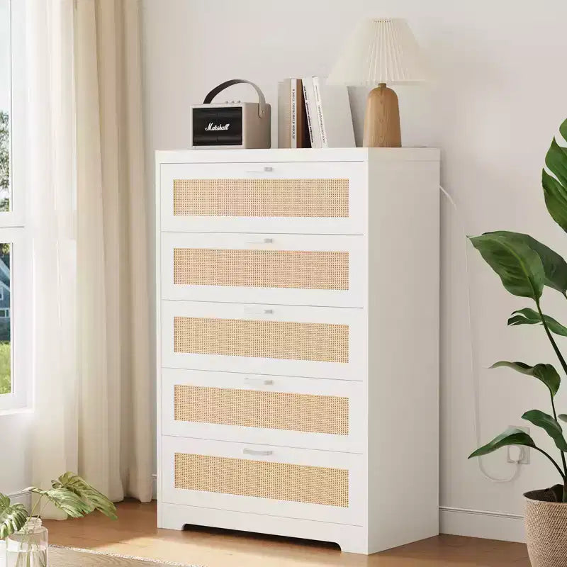 Commode moderne en rotin avec panneaux en bois naturel et rotin, meuble de rangement pour chambre, dressing et entrée