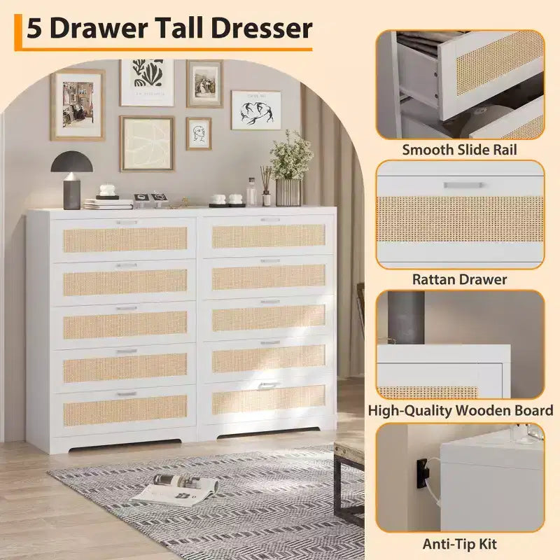 Commode moderne en rotin avec panneaux en bois naturel et rotin, meuble de rangement pour chambre, dressing et entrée